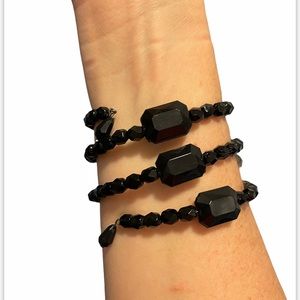 Vintage 3 Layer beaded black stone adjustable stretch wire bracelet